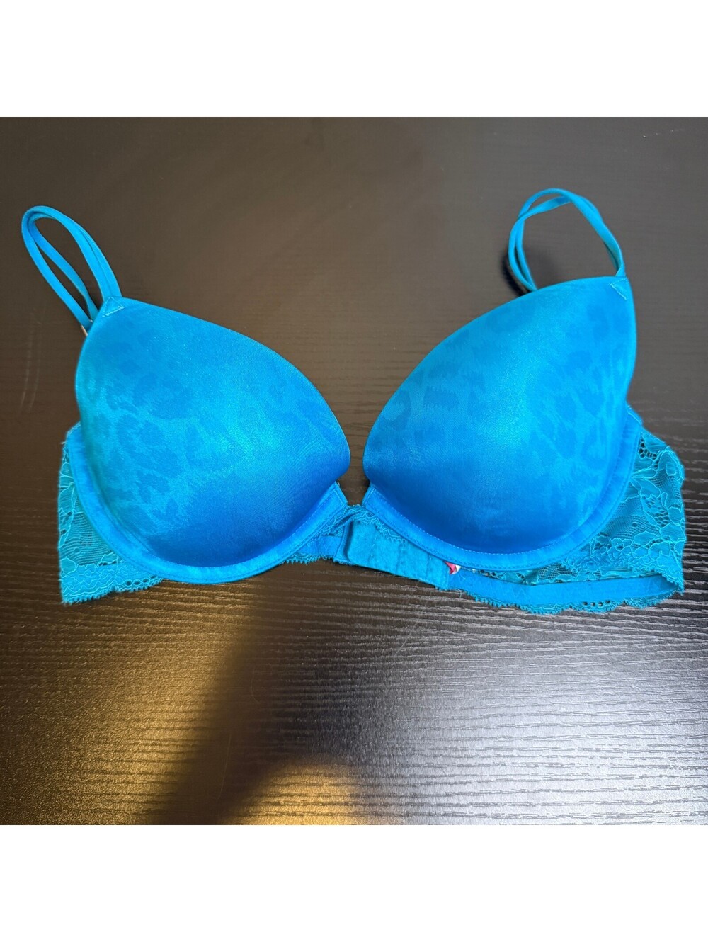 Victoria's Secret PINK Push Up Plunge Bra 34C Aqua Blue Teal Lace Strappy Y2K